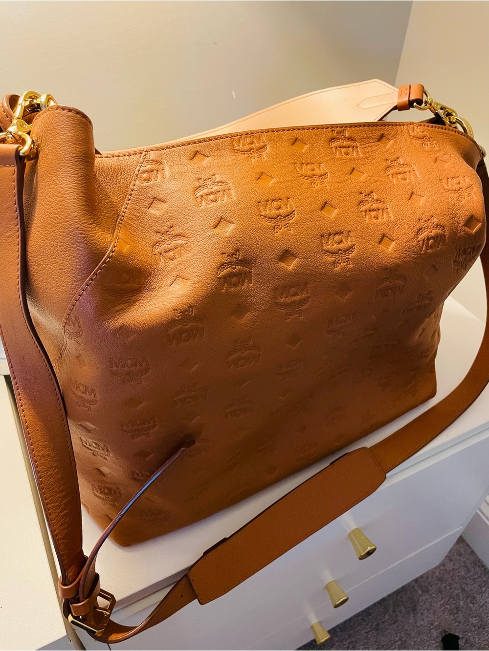 MCM Cognac Embossed Leather Shoulder Bag - Picture 6 of 11